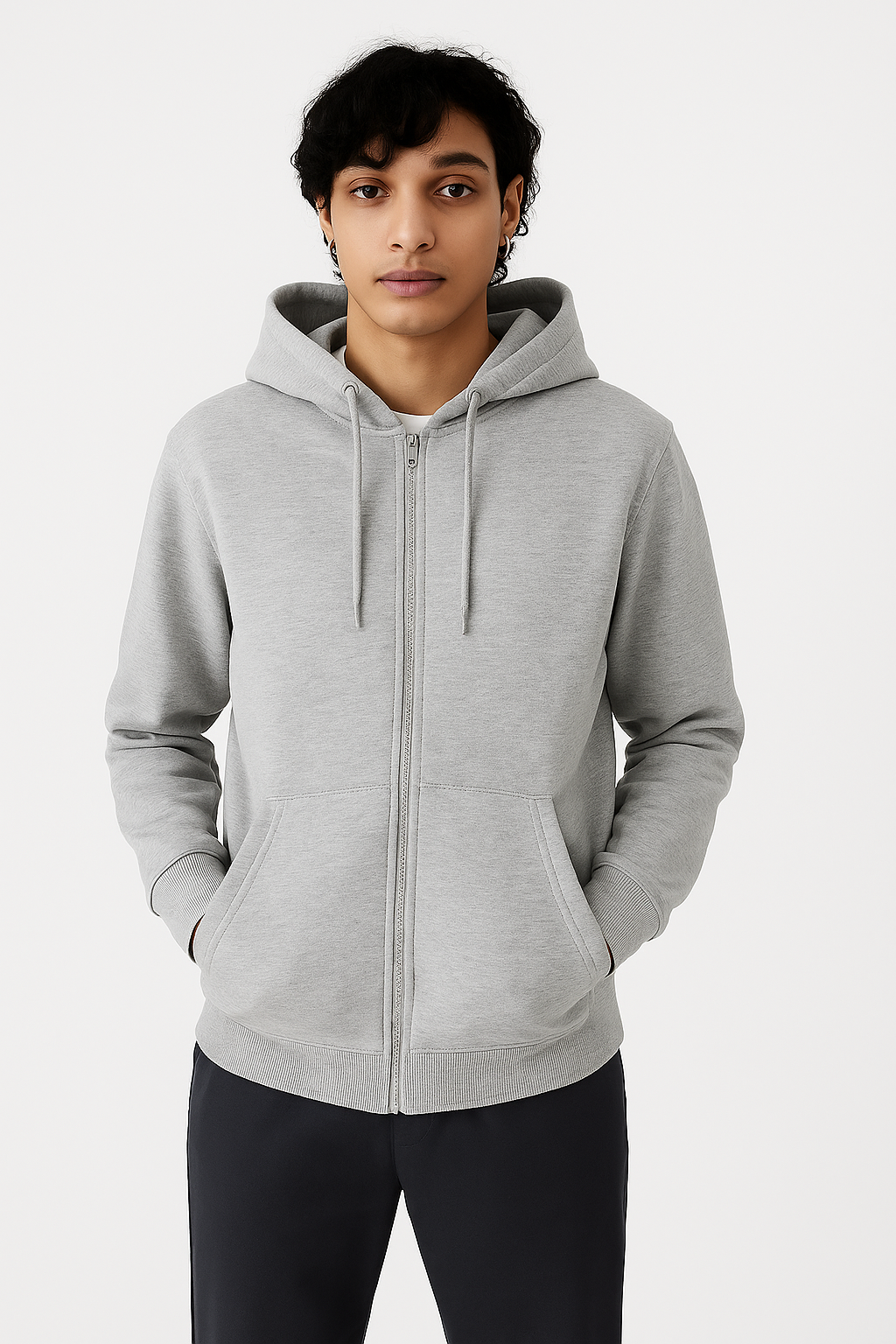 HEATHER GREY BASIC ZIPPER HOODIE