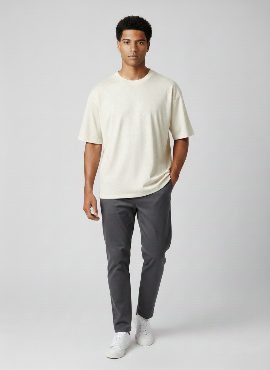 Grid Textured Cream Drop Shoulder T-Shirt