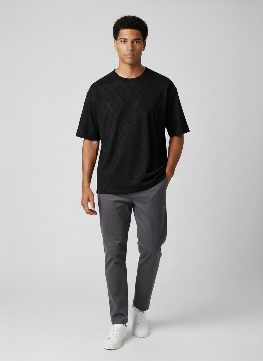Grid Textured Black Drop Shoulder T-Shirt