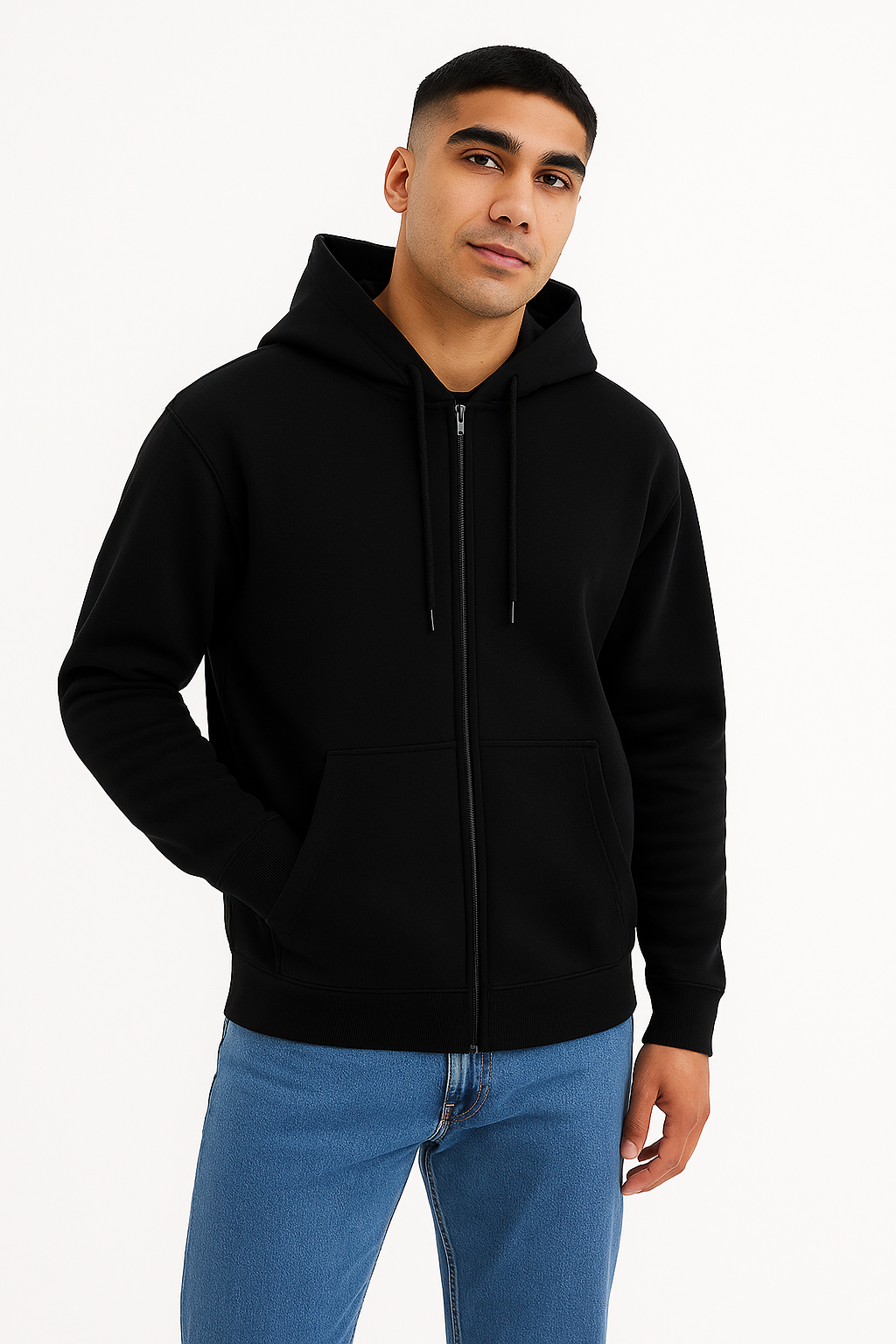 BLACK BASIC ZIPPER HOODIE